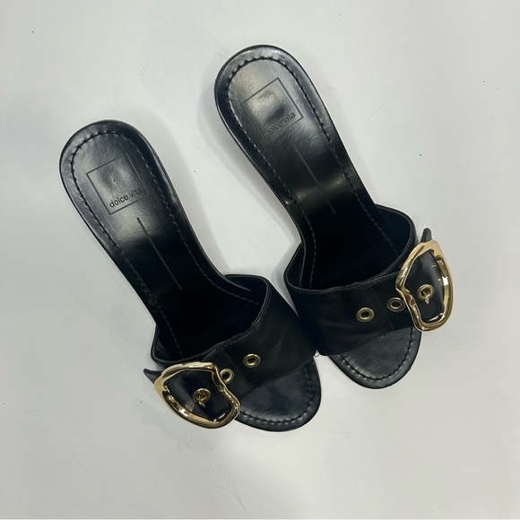 Dolce Vita Black Leather Slide Sandals with Gold Buckle block heel. Women’s 9 - Picture 4 of 7